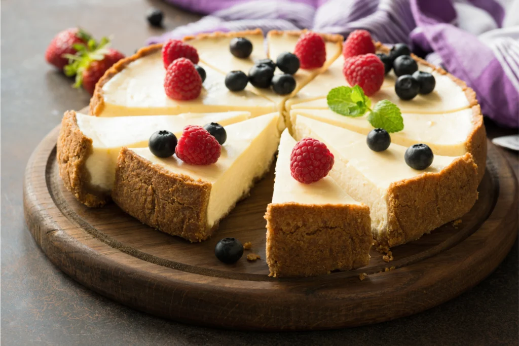 Whole cheesecake with slices marked, topped with raspberries and blueberries, on a wooden board with a rustic brown background.