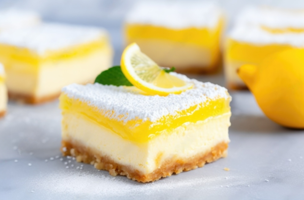 Luscious no-bake lemon lasagna recipe, featuring a slice of creamy lemon-flavored dessert with a golden lemon curd topping and a dusting of powdered sugar, garnished with a thin lemon slice and mint leaf, with whole lemons and additional slices blurred in the background.