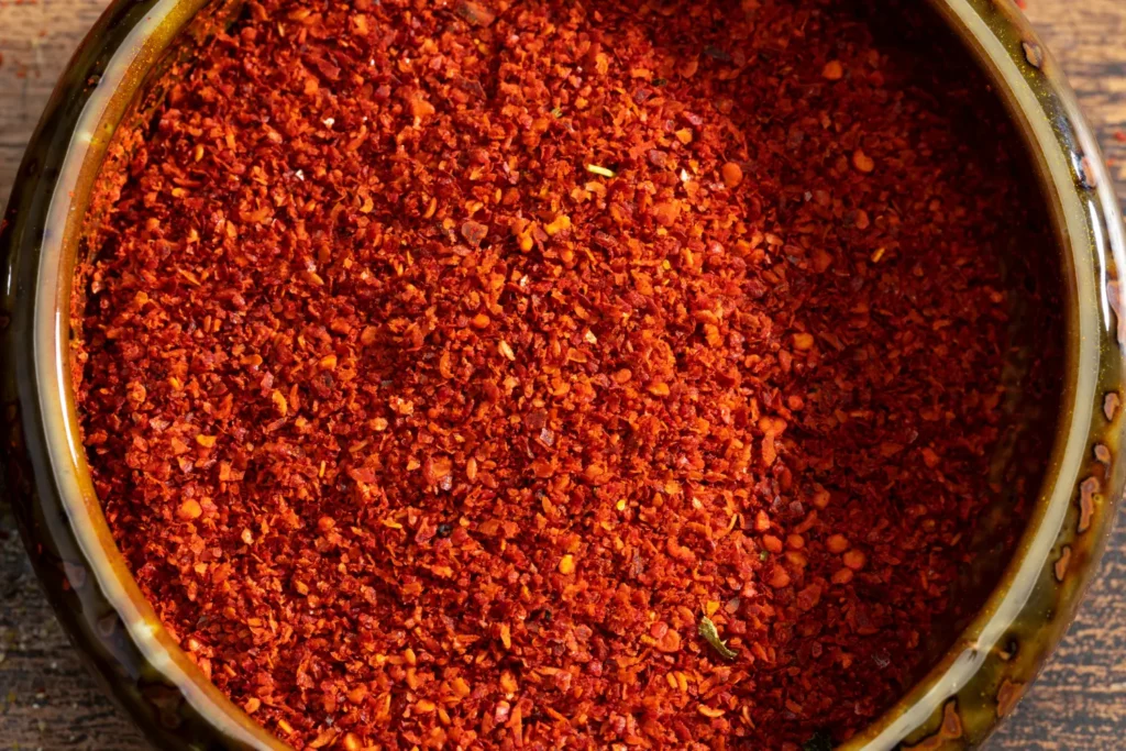 Overhead view of a rustic bowl filled with bright red chorizo seasoning, showcasing its coarse texture and spicy aroma.