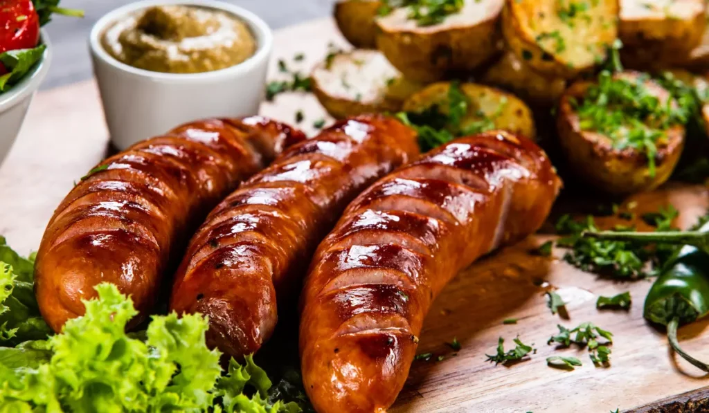 Juicy, grilled kielbasa sausages on a wooden board, with a glossy, caramelized exterior, accompanied by roasted potatoes, a side salad, and a bowl of mustard sauce.